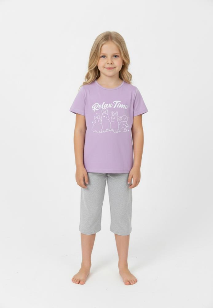 Pijama copii cu maneca scurta si pantaloni 3/4,culoare mov,Engros